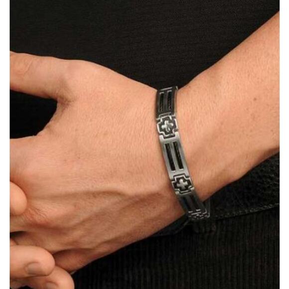 Sabona Men's Cross Bracelet‎ Stainless Steel Black Cable Magnetic Original Box - Picture 3 of 11
